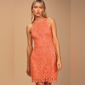 🆕(NWT) LULUs Love Poem Coral Lace Halter Dress Size XS. *Coveted Collection*